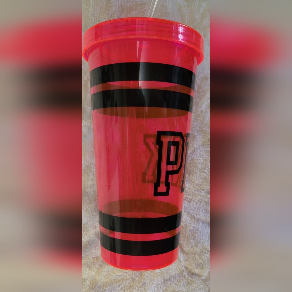 Victoria's Secret PINK Neon Pink Plastic Tumbler w/Black Font with Straw. 24oz. - Picture 3 of 9